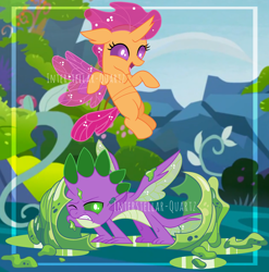 Size: 2984x3024 | Tagged: safe, artist:interstellar-quartz, derpibooru import, scootaloo, spike, changedling, changeling, changedlingified, changelingified, cocoon, dragonling, obtrusive watermark, species swap, watermark