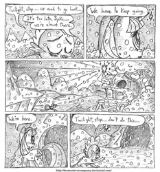 Size: 1232x1324 | Tagged: safe, artist:horselover fat, derpibooru import, spike, twilight sparkle, unicorn twilight, dragon, pony, unicorn, comic:childhood's end, cave, comic, dialogue, monochrome, snow, speech bubble, traditional art