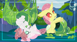 Size: 3600x1960 | Tagged: safe, artist:interstellar-quartz, derpibooru import, apple bloom, sweetie belle, changedling, changeling, changedlingified, changelingified, cocoon, obtrusive watermark, one eye closed, species swap, watermark