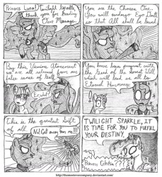 Size: 1208x1316 | Tagged: safe, artist:horselover fat, derpibooru import, princess celestia, princess luna, twilight sparkle, unicorn twilight, alicorn, dragon, pony, unicorn, comic:childhood's end, comic, dialogue, monochrome, speech bubble, traditional art