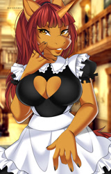 Size: 817x1280 | Tagged: safe, alternate version, artist:butterfliess, derpibooru import, oc, oc only, oc:rivet pop, anthro, unicorn, alternate character, breasts, clothes, commission, digital art, horn, looking at you, maid