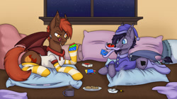 Size: 1280x716 | Tagged: safe, artist:zackwhitefang, derpibooru import, oc, oc:puffy, oc:zack whitefang, bat pony, pony, comic:rituals, bat pony oc, bat wings, brushing, clothes, comic, digital art, female, male, pajamas, pillow, sleepover, socks, spread wings, striped socks, uno, window, wings