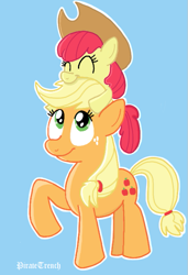 Size: 491x716 | Tagged: safe, artist:piratetwench, derpibooru import, apple bloom, applejack, earth pony, pony, apple bloom riding applejack, female, filly, mare, siblings, sisters