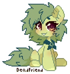 Size: 736x784 | Tagged: safe, artist:dedfriend, derpibooru import, oc, earth pony, pony, :3, ambiguous gender, butt, ear fluff, ears, looking at you, pixel art, plot, raised hoof, raised leg, simple background, sitting, solo, white background