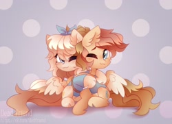 Size: 2560x1857 | Tagged: safe, artist:dedfriend, derpibooru import, oc, oc only, pegasus, pony, bow, circle background, clothes, duo, female, hair bow, hug, male, mare, one eye closed, shirt, stallion, straight