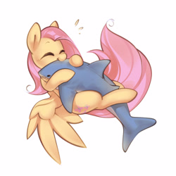 Size: 2500x2500 | Tagged: safe, artist:mirroredsea, derpibooru import, fluttershy, pegasus, pony, shark, blåhaj, cute, eyes closed, female, hug, long tail, mare, nom, plushie, shark plushie, shyabetes, simple background, smiling, solo, tail, white background, ych example, your character here
