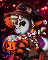Size: 2550x3209 | Tagged: safe, artist:pridark, derpibooru import, part of a series, part of a set, oc, pony, bucket, candy, clothes, commission, costume, food, halloween, hat, high res, holiday, jack-o-lantern, open mouth, pumpkin, pumpkin bucket, socks, solo, striped socks, witch hat, ych result