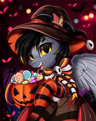 Size: 2550x3209 | Tagged: safe, artist:pridark, derpibooru import, part of a series, part of a set, oc, pegasus, pony, bucket, candy, clothes, commission, costume, food, halloween, hat, high res, holiday, jack-o-lantern, open mouth, pegasus oc, pumpkin, pumpkin bucket, socks, solo, striped socks, witch hat, ych result