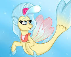 Size: 1280x1024 | Tagged: safe, artist:anastasiaplisetskaya, derpibooru import, princess skystar, sea pony, seapony (g4), my little pony: the movie, blue background, blue eyes, blue mane, bubble, dorsal fin, eyelashes, female, fin wings, fins, fish tail, flower, flower in hair, flowing tail, freckles, glowing, jewelry, looking up, necklace, ocean, pearl necklace, ponytober, signature, simple background, smiling, solo, swimming, tail, underwater, water, wings