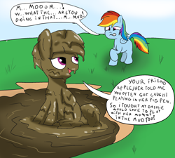 Size: 2000x1800 | Tagged: safe, artist:amateur-draw, derpibooru import, rainbow dash, windy whistles, pegasus, pony, covered in mud, cringing, embarrassed, female, mare, misspelling, mother, mother and child, mother and daughter, mud, mud bath, mud play, mud pony, muddy, parent and child, wet and messy