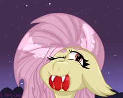 Size: 1280x1024 | Tagged: safe, artist:anastasiaplisetskaya, derpibooru import, fluttershy, bat pony, pony, apple, bat ponified, eating, fangs, female, flutterbat, food, night, night sky, one eye closed, ponytober, race swap, sky, solo, species swap