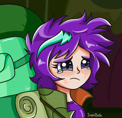 Size: 2048x1972 | Tagged: safe, artist:jinglebelle, derpibooru import, starlight glimmer, human, the mean 6, backpack, crying, female, humanized, messy hair, sad, scene interpretation, solo, teary eyes