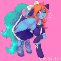 Size: 2048x2048 | Tagged: safe, artist:yumkandie, derpibooru import, oc, oc only, oc:sarah, pegasus, pony, ;p, bow, clothes, female, hair bow, maid, one eye closed, simple background, socks, solo, tongue, tongue out, wink