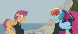 Size: 3766x1642 | Tagged: safe, artist:crimmharmony, derpibooru import, rainbow dash, scootaloo, pegasus, pony, fanfic:rainbow factory, crossover, fanfic art, squid game