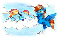 Size: 1108x721 | Tagged: safe, artist:liaaqila, derpibooru import, rainbow dash, oc, oc:blue scroll, pegasus, pony, cloud, goggles, safety goggles, sleeping, snoring