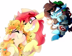 Size: 3600x2800 | Tagged: safe, artist:nekosnicker, derpibooru import, bright mac, pear butter, oc, oc:neko, earth pony, pony, ghostbusters, proton pack, sharp teeth, teeth