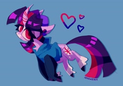 Size: 3552x2500 | Tagged: safe, artist:nekosnicker, derpibooru import, twilight sparkle, twilight sparkle (alicorn), alicorn, pony, bisexual pride flag, blue background, clothes, coat markings, curved horn, ear piercing, earring, heart, hoodie, horn, jewelry, piercing, pride, pride flag, simple background, socks (coat marking), solo, unshorn fetlocks