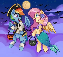 Size: 3200x2900 | Tagged: safe, artist:doomsdaydarling, derpibooru import, fluttershy, rainbow dash, bat, mermaid, pegasus, pony, clothes, cloud, costume, cute, dashabetes, duo, eyepatch, fake moustache, fish tail, hat, mermaid tail, moon, night, nightmare night, nightmare night costume, pirate, pirate hat, pumpkin bucket, shyabetes, tail