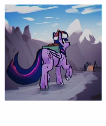 Size: 3223x3860 | Tagged: safe, artist:spntax, derpibooru import, twilight sparkle, twilight sparkle (alicorn), alicorn, pony, bridge, hat, mongolian shepherd hat, mountain, simple background, solo, white background