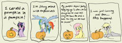 Size: 5100x1800 | Tagged: safe, artist:manicpanda, derpibooru import, derpy hooves, fluttershy, rainbow dash, twilight sparkle, unicorn twilight, pegasus, unicorn, friendship is magic, 4 panel comic, banach-tarski paradox, comic, dialogue, duplication, explosives, flying, halloween, holiday, i just don't know what went wrong, jack-o-lantern, looking at you, multicolored mane, no catchlights, pumpkin, shaking, simple background, tan background, text, xkcd