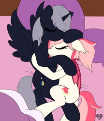 Size: 3311x3854 | Tagged: safe, artist:gnashie, derpibooru import, oc, oc only, oc:blood moon, oc:quantum flash, alicorn, bat pony, alicorn oc, bat pony oc, bed, blanket, colored, cuddling, ears, eyes closed, flat colors, floppy ears, hoof on head, horn, lying down, on side, pillow, sleeping, smiling, snuggling, wings