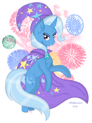 Size: 720x960 | Tagged: safe, artist:madlilon2051, derpibooru import, trixie, pony, unicorn, chest fluff, ear fluff, ears, female, fireworks, grin, hat, mare, rearing, simple background, smiling, solo, transparent background