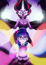 Size: 1736x2455 | Tagged: safe, artist:brother-tico, derpibooru import, midnight sparkle, sci-twi, twilight sparkle, equestria girls, friendship games, breasts, dark magic, duality, glasses, headlight sparkle, magic, magic capture device, unleash the magic