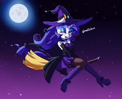 Size: 1600x1300 | Tagged: safe, artist:melliedraws, derpibooru import, rarity, anthro, unicorn, beauty mark, blushing, boots, broom, clothes, costume, female, flying, flying broomstick, halloween, halloween costume, hat, holiday, looking at you, mare, moon, night, one eye closed, open mouth, open smile, shoes, skirt, smiling, smiling at you, solo, stockings, thigh highs, wink, winking at you, witch, witch costume, witch hat