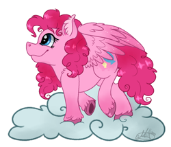 Size: 1092x935 | Tagged: safe, artist:millefaller, derpibooru import, pegasus, pony, cloud, ear fluff, ears, eyelashes, female, g5 concept leaks, mare, on a cloud, pinkie pie (g5 concept leak), simple background, solo, underhoof, unshorn fetlocks, white background, wings