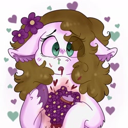 Size: 1536x1536 | Tagged: safe, artist:millefaller, derpibooru import, oc, oc only, earth pony, pony, blushing, bust, ear fluff, ears, female, floppy ears, flower, flower in hair, heart eyes, mare, runny nose, simple background, solo, unshorn fetlocks, white background, wingding eyes