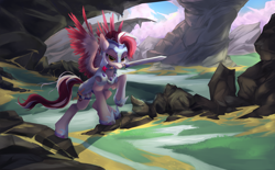 Size: 5760x3564 | Tagged: safe, artist:koiiboii, derpibooru import, oc, oc only, oc:dusty ember, pegasus, pony, armor, colored wings, female, guardsmare, looking at you, mare, mouth hold, multicolored wings, royal guard, scenery, solo, spread wings, sword, weapon, wings