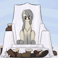 Size: 1019x1013 | Tagged: safe, artist:ahorseofcourse, derpibooru import, ponerpics import, oc, oc only, oc:current seeker, earth pony, pony, boots, chest fluff, female, futhark, mare, runes, shoes, sitting, snow mare, snowpony (species), solo, taiga pony, throne, translated in the comments, uggs, yakutian horse