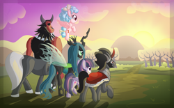 Size: 4031x2500 | Tagged: safe, artist:vito, twibooru import, cozy glow, king sombra, lord tirek, mean twilight sparkle, queen chrysalis, alicorn, centaur, changeling, changeling queen, pony, unicorn, a better ending for chrysalis, a better ending for cozy, a better ending for sombra, a better ending for tirek, female, filly, flying, male, mare, raised hoof, raised leg, smiling, stallion, sunrise