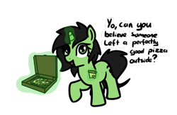 Size: 891x579 | Tagged: safe, artist:neuro, derpibooru import, oc, oc only, oc:anon filly, pony, unicorn, blfc, dialogue, female, filly, floor pizza, food, glowing, glowing horn, horn, magic, oh no, open mouth, pizza, pizza box, question, raised hoof, raised leg, simple background, smiling, solo, telekinesis, this will not end well, transparent background