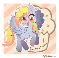 Size: 843x829 | Tagged: safe, artist:yukiha_321, derpibooru import, derpy hooves, pegasus, pony, blushing, cute, derpabetes, featured image, female, food, mare, muffin, open mouth, open smile, smiling, solo, spread wings, wings