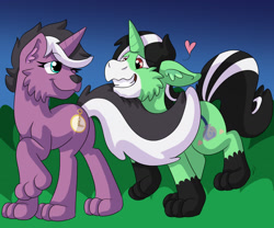 Size: 1280x1067 | Tagged: safe, artist:detective coon, derpibooru import, oc, oc only, oc:charming dazz, oc:crescent star, crystal pony, skunk, skunk pony, unicorn, crystal unicorn, female, field, grin, love, male, mare, paws, simple background, skunk stripe, smiling, stallion, transformation