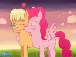 Size: 2048x1536 | Tagged: safe, artist:kurisunimii, derpibooru import, applejack, pinkie pie, pegasus, alternate universe, applepie, cute, female, kissing, lesbian, nature, pegasus pinkie pie, race swap, shipping