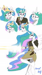 Size: 1280x2277 | Tagged: safe, artist:holdenwolfart, derpibooru import, princess celestia, alicorn, anthro, against wall, facial expressions, lightsaber, smiling, solo, star wars, weapon