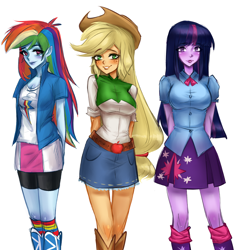 Size: 2928x3045 | Tagged: safe, artist:annvakki, derpibooru import, applejack, rainbow dash, twilight sparkle, equestria girls, female, simple background, trio, white background