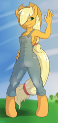 Size: 1152x2448 | Tagged: safe, artist:edgarkingmaker, derpibooru import, applejack, anthro, earth pony, unguligrade anthro, braless, breasts, clothes, color, digital, female, hair over one eye, hat, my little pony, naked overalls, no underwear, overalls, sideboob, solo, waving