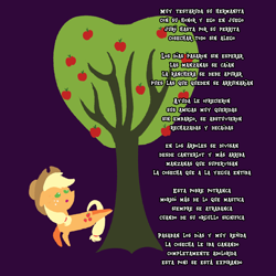 Size: 2000x2000 | Tagged: safe, artist:sodapop200, derpibooru import, applejack, earth pony, apple, apple tree, bucking, chibi, poem, rhyme, solo, spanish, text, tree, worried