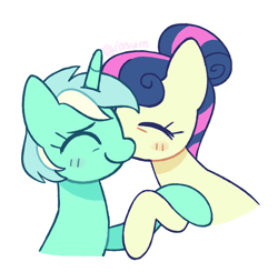 Size: 1020x1000 | Tagged: safe, artist:risswm, derpibooru import, bon bon, lyra heartstrings, sweetie drops, earth pony, pony, unicorn, alternate hairstyle, blushing, eyes closed, female, holding hooves, kiss on the cheek, kissing, lesbian, lyrabon, mare, ponytober, shipping, simple background, white background