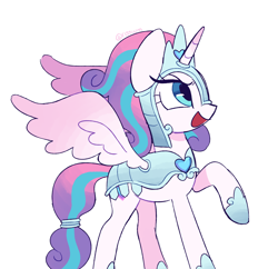 Size: 2048x1982 | Tagged: safe, artist:risswm, derpibooru import, princess flurry heart, alicorn, pony, armor, female, mare, older, older flurry heart, open mouth, open smile, ponytober, raised hoof, raised leg, simple background, smiling, solo, warrior flurry heart, white background