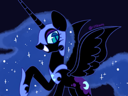 Size: 1329x1000 | Tagged: safe, artist:risswm, derpibooru import, nightmare moon, alicorn, pony, black background, female, looking at you, mare, ponytober, profile, raised hoof, raised leg, signature, simple background, smiling, smiling at you, solo