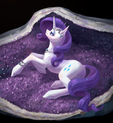 Size: 2400x2600 | Tagged: safe, artist:inarimayer, derpibooru import, rarity, pony, unicorn, amethyst, bracelet, butt, crystal, ear piercing, earring, female, geode, jewelry, lidded eyes, looking up, lying down, mare, necklace, on side, piercing, plot, rearity, solo, tiara