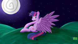 Size: 1280x720 | Tagged: safe, artist:pigmanxx, derpibooru import, twilight sparkle, twilight sparkle (alicorn), alicorn, female, moon, night, solo, stars