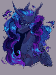 Size: 1500x2000 | Tagged: safe, artist:yuyusunshine, derpibooru import, princess luna, alicorn, pony, bust, curved horn, female, mare, portrait, signature, simple background, solo