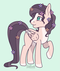 Size: 727x864 | Tagged: safe, artist:lilsoftlamb, derpibooru import, fluttershy, pony, alternate design, flower, flower in hair, green background, simple background, solo