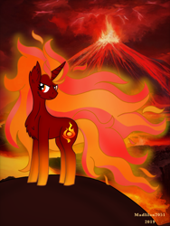 Size: 720x960 | Tagged: safe, artist:madlilon2051, derpibooru import, oc, oc only, pony, unicorn, chest fluff, ear fluff, ears, horn, mane of fire, solo, unicorn oc, volcano