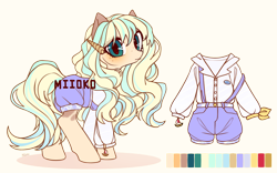 Size: 1808x1129 | Tagged: safe, artist:miioko, derpibooru import, oc, oc only, earth pony, pony, clothes, earth pony oc, female, mare, overalls, reference sheet, simple background, solo, transparent background